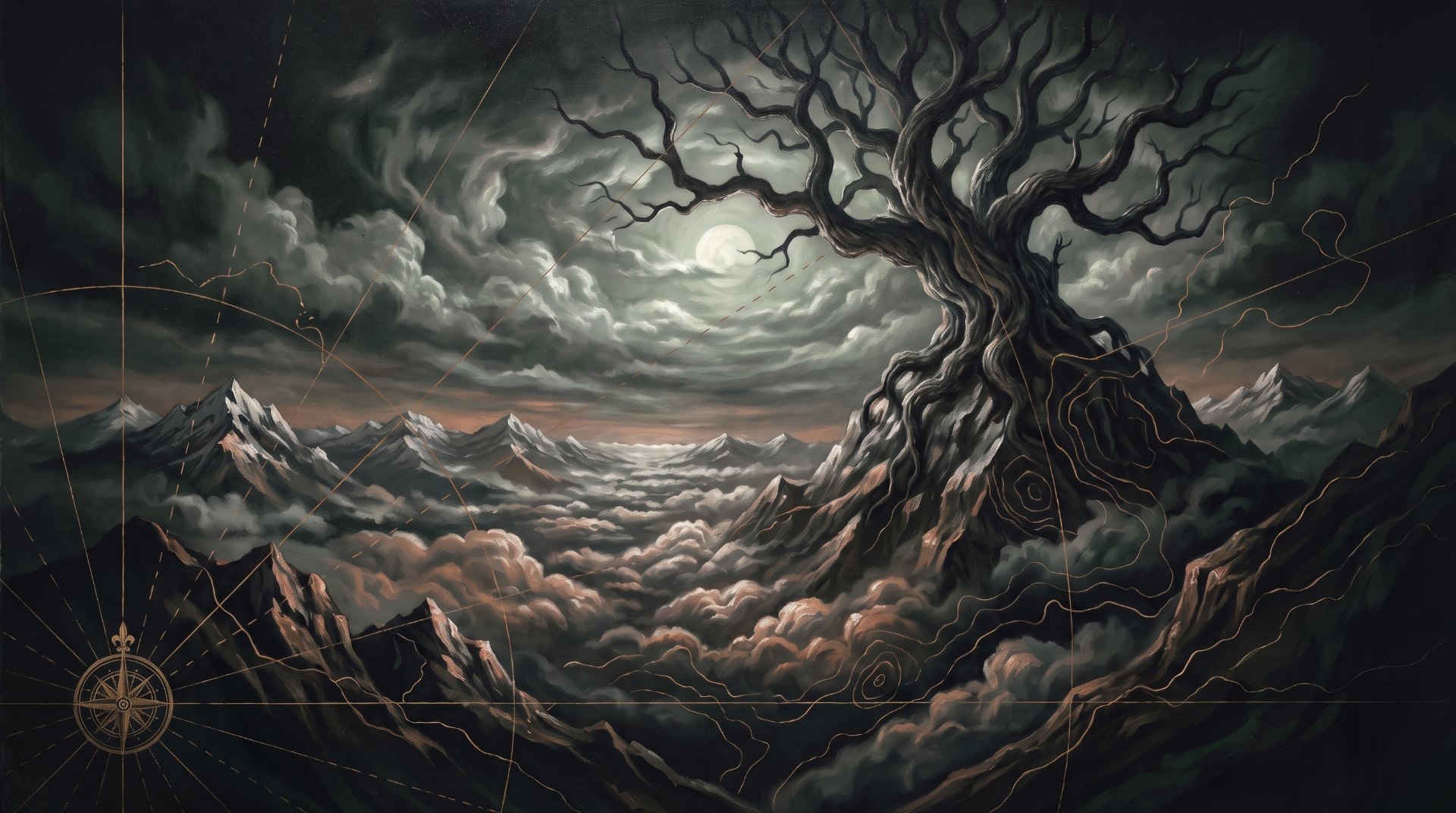 Gemalte Nachtkarte von World of Warcraft: Forever: eine Landschaft in Grün-Schwarz und Mondsilber mit Kartografie-Linien in Messing
